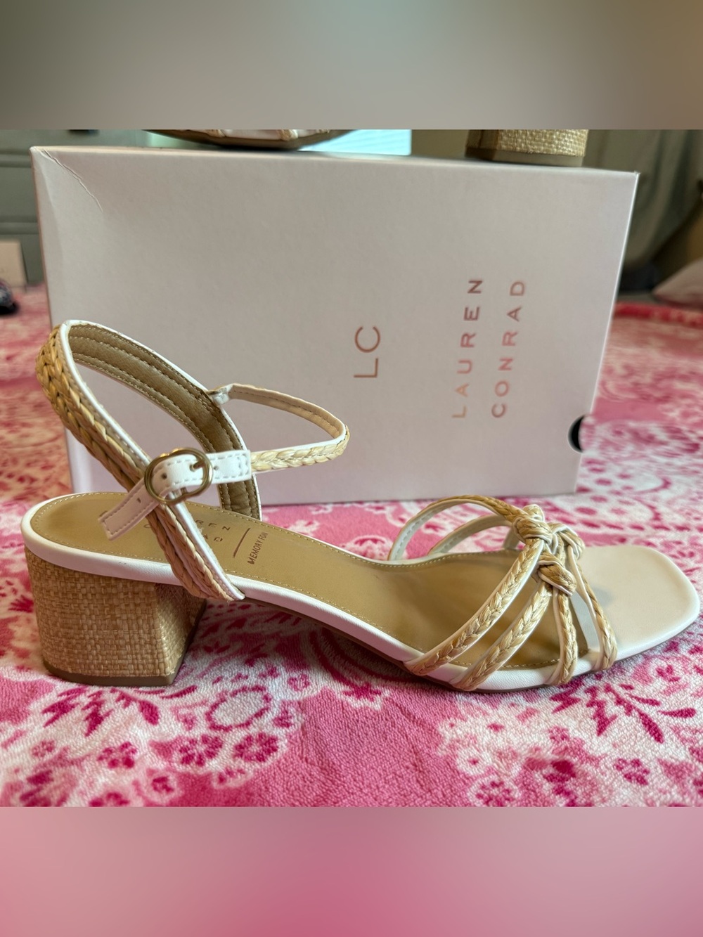 LC Lauren Conrad Beige Braided Strap Block Heel Sandals